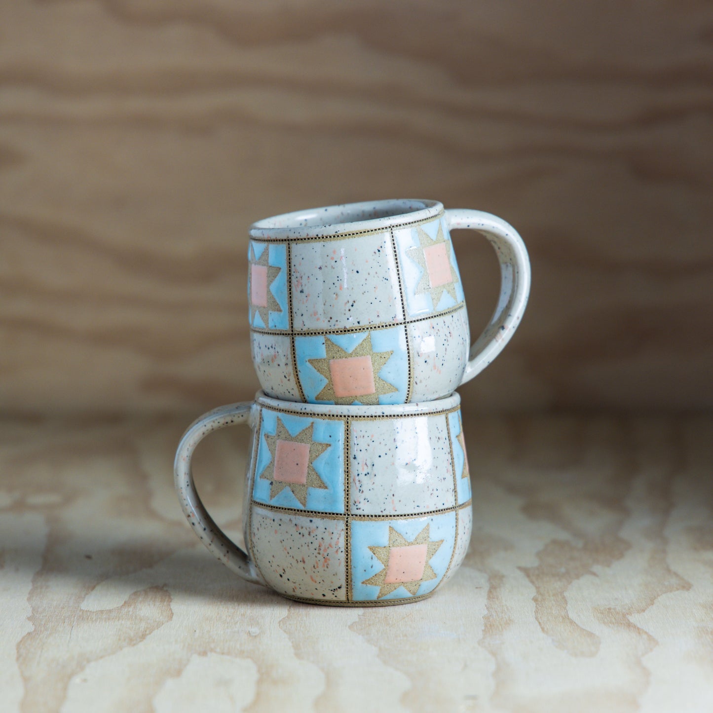 Sawtooth Patchwork Mug-Peach/Cream/Light Blue