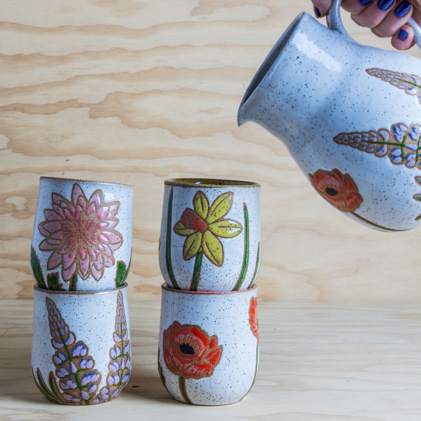Spring Flower Pitcher and 4 Cup Set