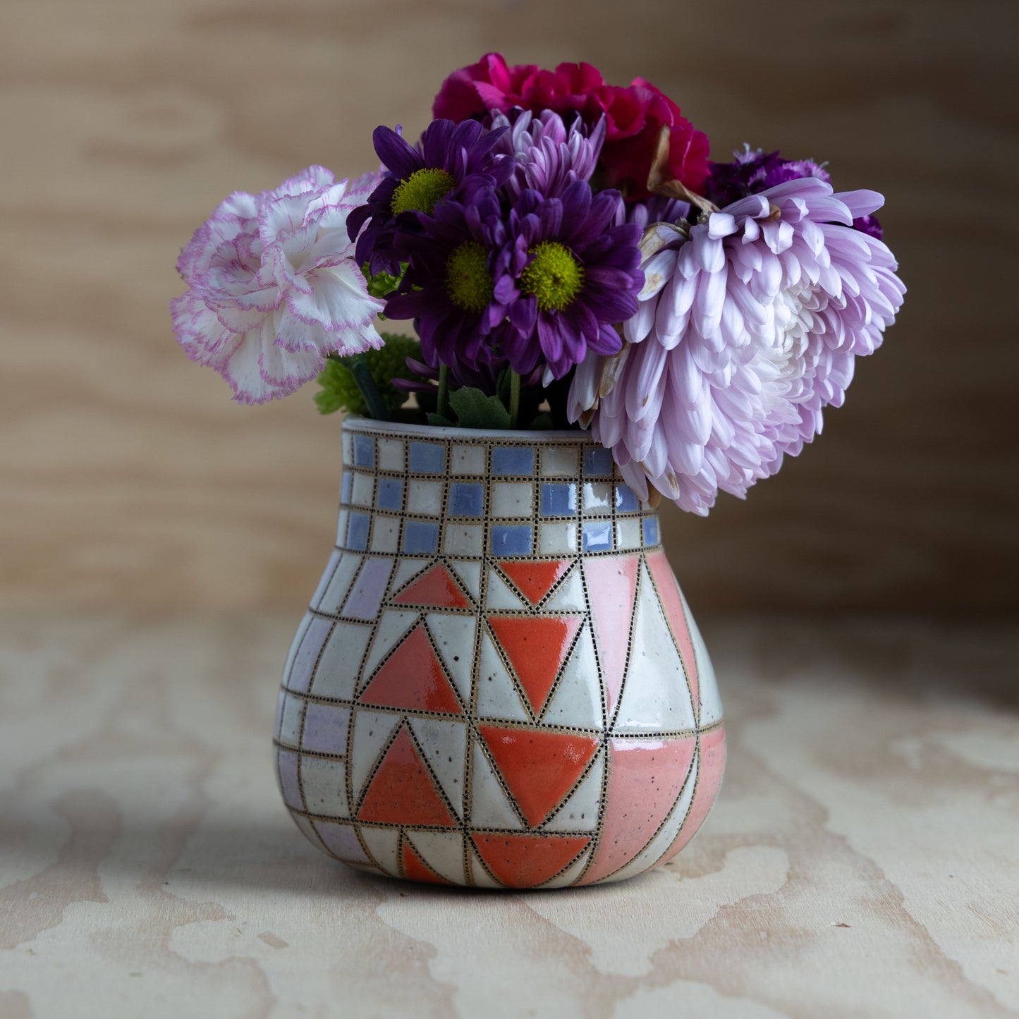 Improv Sawtooth Belly Quilt Vase-Purple/Teal