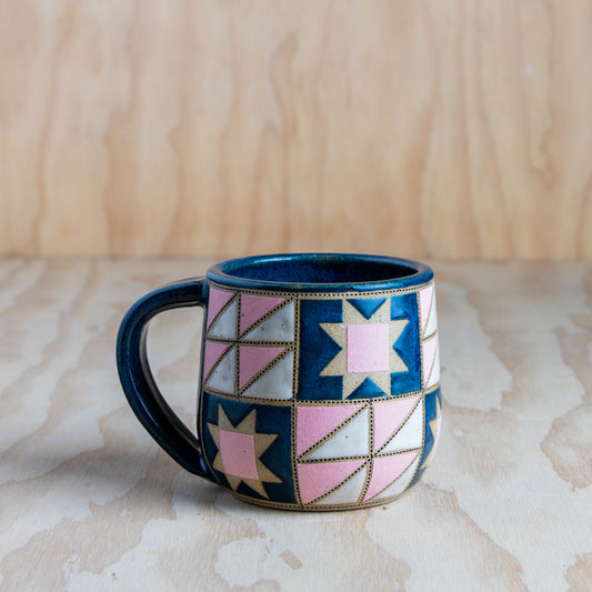 Sawtooth and HST Quilted Mug-Navy/Pink