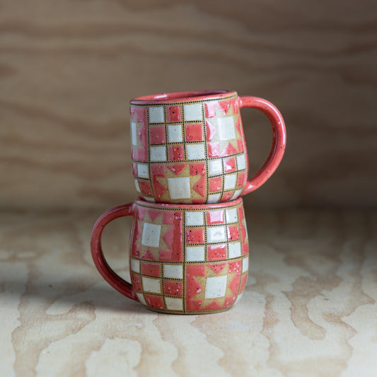 Sawtooth 9 patch Quilted Mug-Coral Spec/Cream