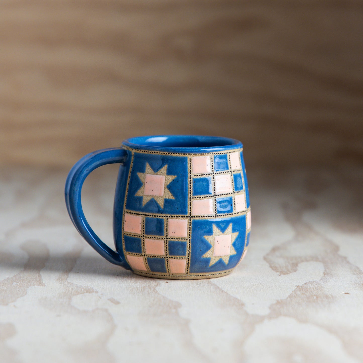 Sawtooth 9 patch Quilted Mug-Steel/Peach