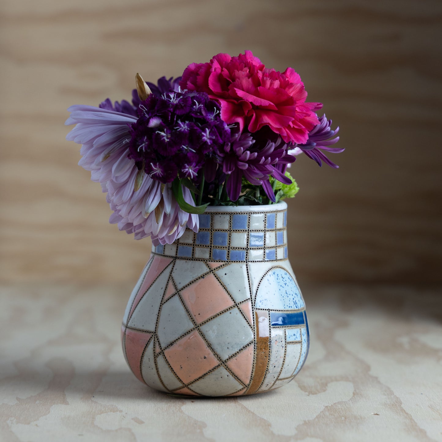 Improv Sawtooth Belly Quilt Vase-Purple/Teal